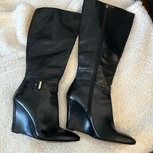 Black, leather wedge boots